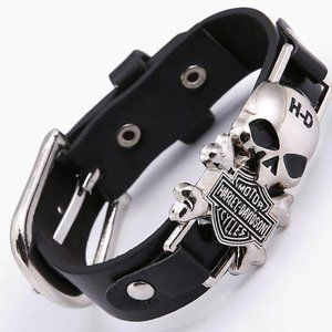 New Harley Davidson HD Skull Steel Leather Wristband Bracelet